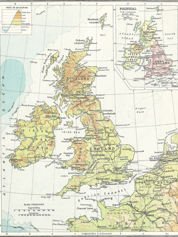 British Isles 1930s Engand Scotland Wales Ireland UK Green Contour