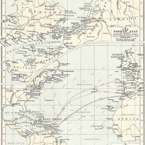 North Atlantic British Naval Battles map Vintage 1930s home decor Lithograph Prints old maps
