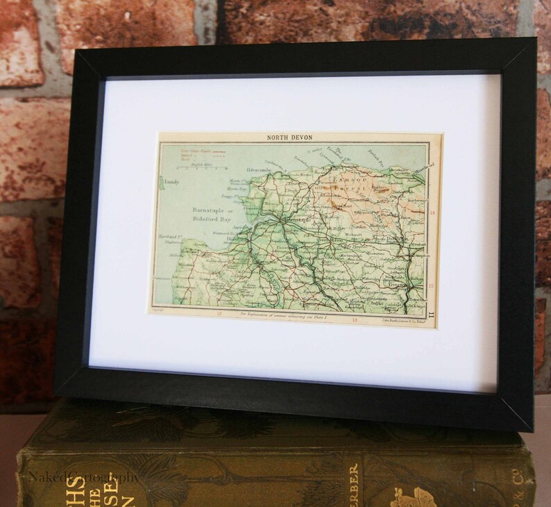 North Devon Antique road map Barnstaple Bideford maps Framed 1920s Gift home decor World