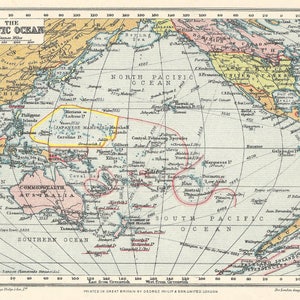 Pacific Ocean Map 1940s Vintage maps Lithograph Prints home decor travel Australia USA Hawaii art
