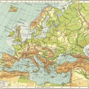 Europa Fysieke Kaart Antieke topografische jaren 1910 reizen avonturenkaarten voor home decor Vintage Prints oude kaarten