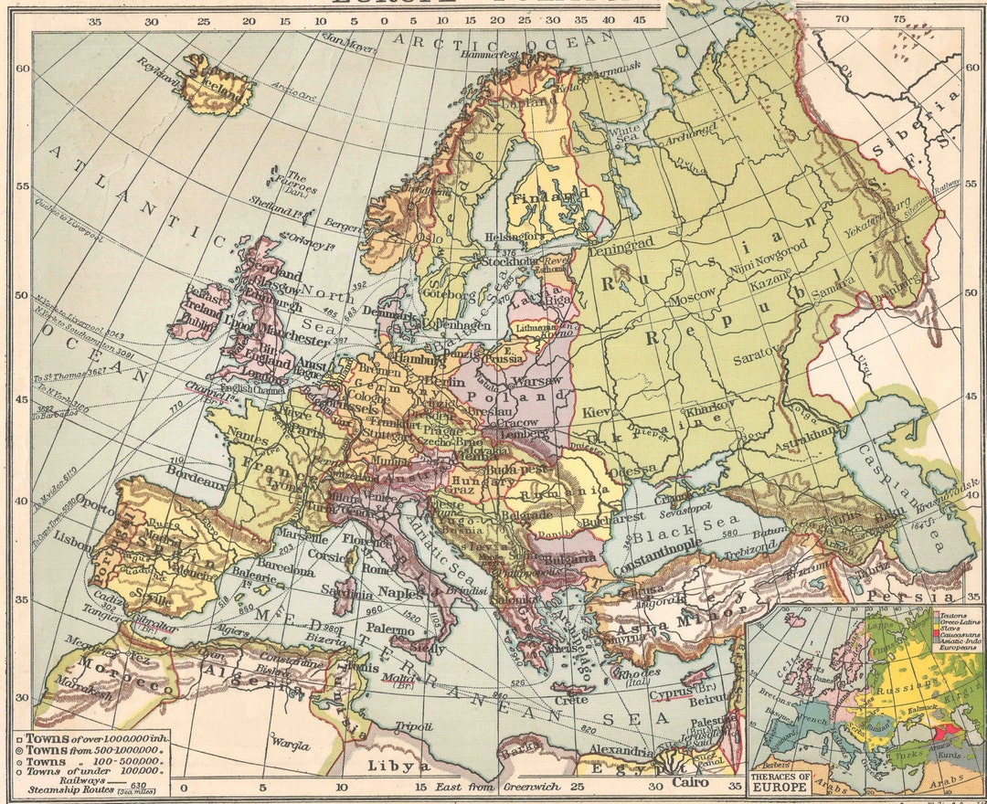 European Map Before Ww1 Antique Home Decor Antique Vintage Prints Old ...