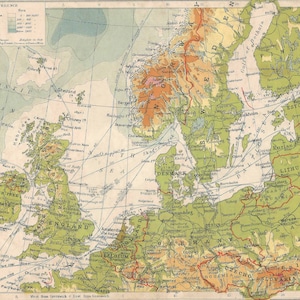 British Isles 1930s Engand Scotland Wales Ireland  UK green Contour Map Antique Gift home decor Vintage Prints old maps