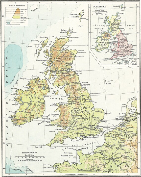 British Isles 1930s Engand Scotland Wales Ireland UK Green Contour