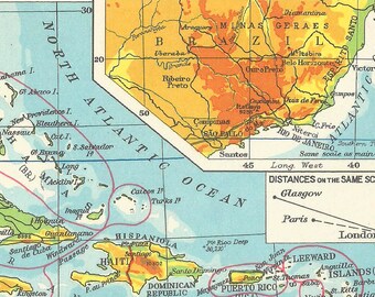 中央アメリカ 西インド諸島 1950 年代の旅行地図 室内装飾用