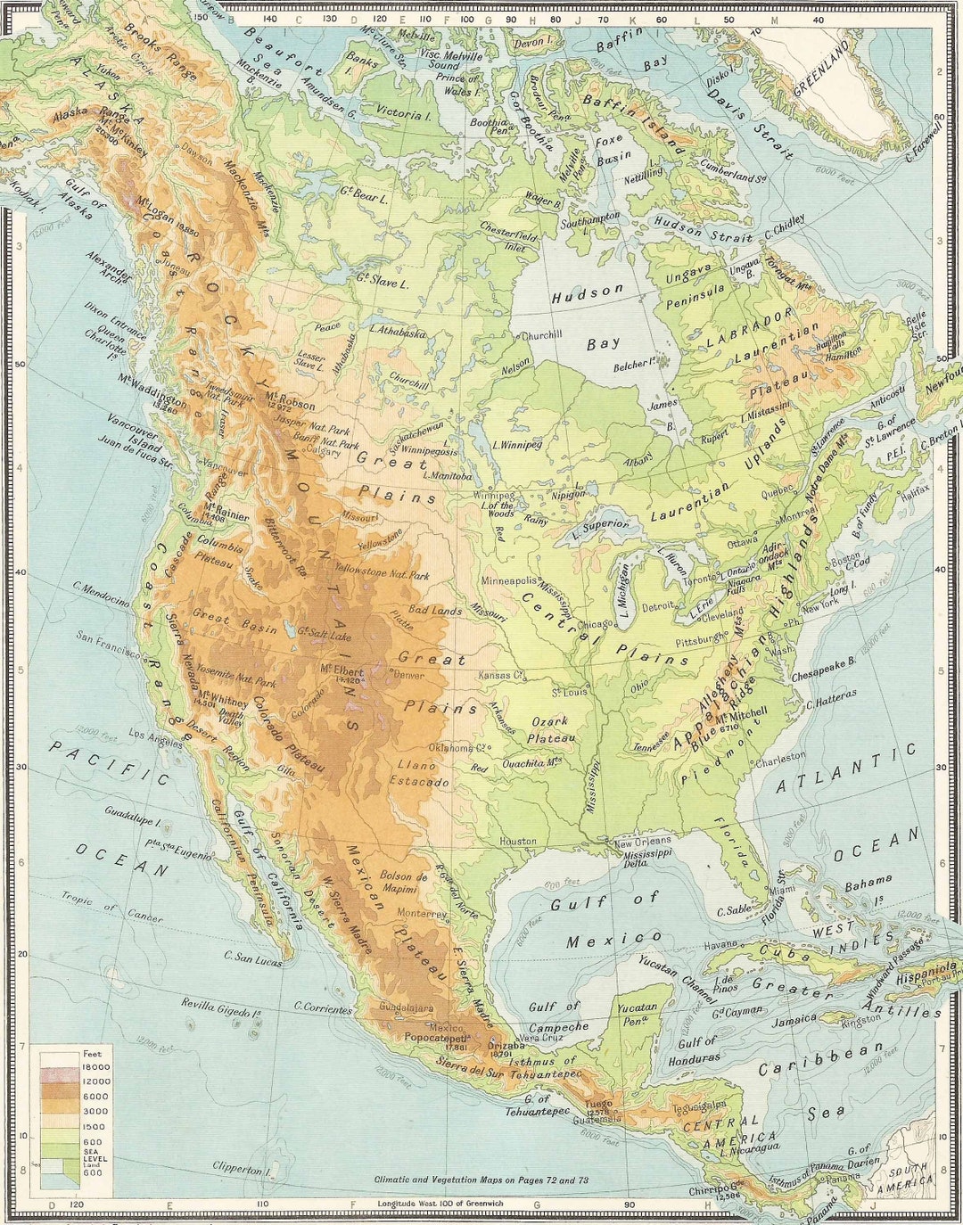 北アメリカの地形図 1948年 古い地図 ホームデコレーション