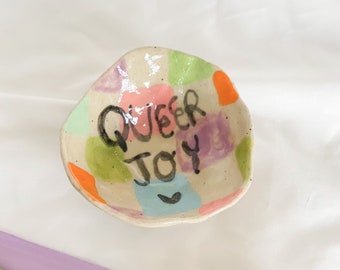 Queer Joy - small handmade ceramic pinch dish - multicoloured check design