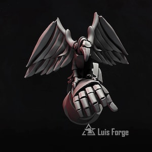 May include: A gray miniature figurine of a bird with spread wings perched on a mechanical gauntlet. The bird has a sharp beak and detailed feathers. The gauntlet features segmented finger plates. The text Luis Forge is visible at the bottom.