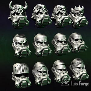 Peut inclure: Un ensemble de douze têtes miniatures en résine grise pour figurines de jeu, chacune dotée d'une coiffure ou d'un casque distinct et d'un masque respiratoire. Le lot présente des styles variés, dont des modèles à cornes, couronnés et casqués, avec le logo Luis Forge visible en bas à droite.