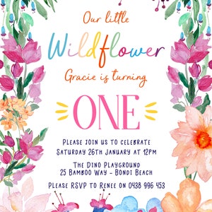 First Birthday Party Invitation Girl Wildflower Floral Flowers Bright Colourful theme digital file only printable item image 4