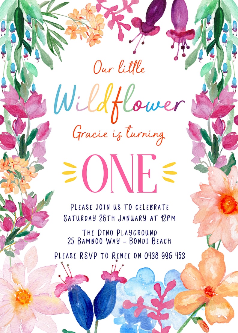 First Birthday Party Invitation Girl Wildflower Floral Flowers Bright Colourful theme digital file only printable item image 4