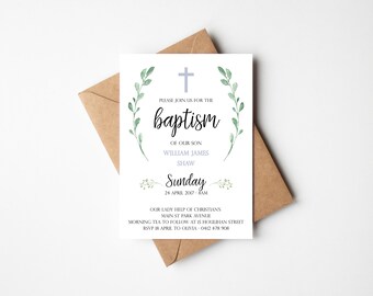 Baptism Invitation - Neutral - Leafy - Christening - Simple (digital file only - printable item)