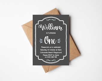 First Birthday Party Invitation - Twirls Swirls Blue Green - Simple Neutral (digital file only - printable item)