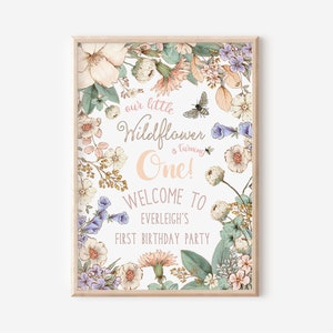 Wildflower Floral Themed Birthday Party Welcome Sign - Flowers - Leafy - Pastel Pink Blush Cream (digital file only - printable item)