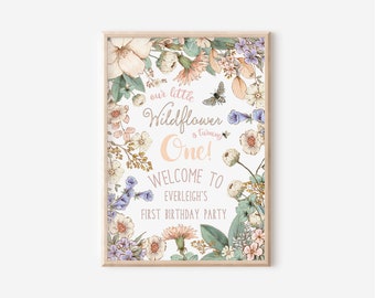 Wildflower Floral Themed Birthday Party Welcome Sign - Flowers - Leafy - Pastel Pink Blush Cream (digital file only - printable item)