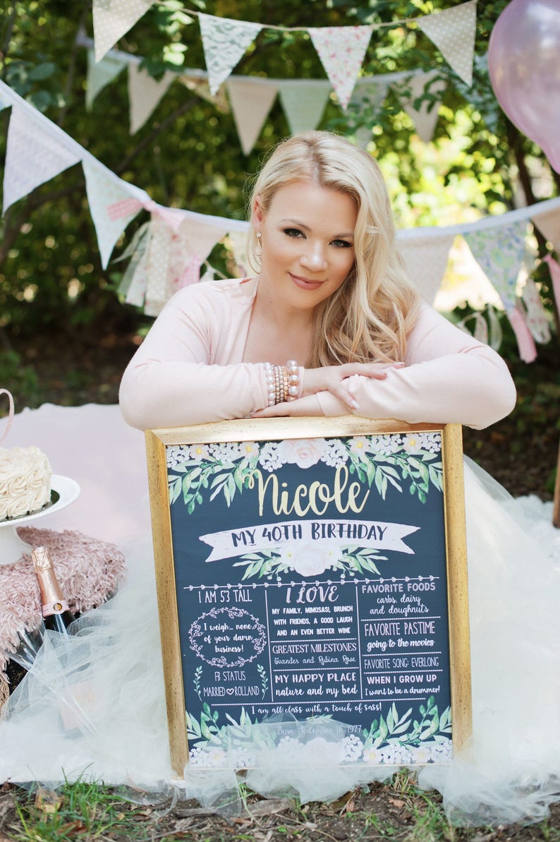 Chalkboard First Birthday Poster Pastel Blush White Pink Green Peach floral watercolour Milestone Board DigitalPrintable Sign