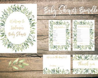 Baby Shower Bundle - Neutral - Leafy - Foliage - Gold - Green - Baby Shower Games Bundle Package - Digital / Printable