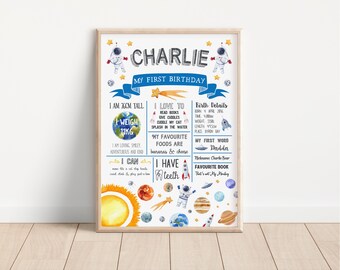 First Birthday Poster - Chalkboard - Sign - Milestone Board - Space Planets Stars Astronaut Spaceship (digital files only - printable item)