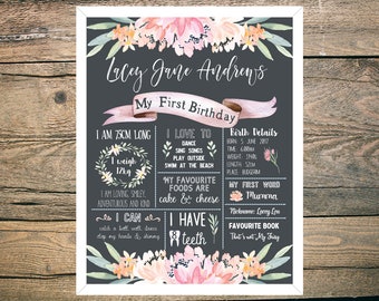First Birthday Chalkboard - Poster - Sign - Milestone Board - Digital/Printable - Floral - Peach - Cream - Blush - Orange - Flowers - Leaves