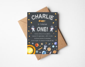First Birthday Party Invitation - Space Planets Stars Astronaut Spaceship (digital files only - printable item)