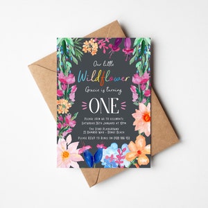 First Birthday Party Invitation Girl Wildflower Floral Flowers Bright Colourful theme digital file only printable item image 1