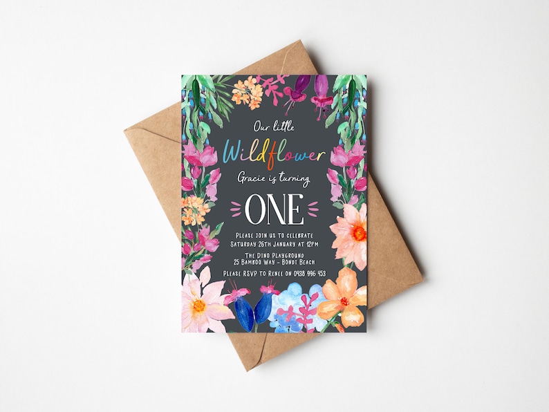 First Birthday Party Invitation Girl Wildflower Floral Flowers Bright Colourful theme digital file only printable item image 1