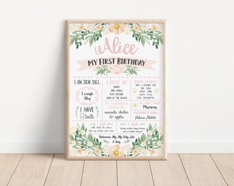 First Birthday Poster - Chalkboard - Sign - Milestone Board - Pastel Blush Pink Floral Watercolour (digital files only - printable item)
