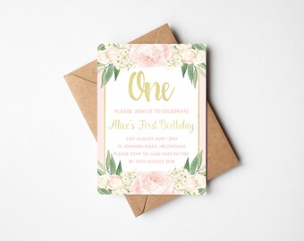 First Birthday Party Invitation - Girl - Pastel Flowers - Cream Blush Peach Pink Gold Florals (digital file only - printable item)