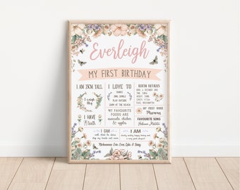 First Birthday Poster - Chalkboard - Sign - Milestone Board - Muted Pastel Florals - Wildflowers (digital files only - printable item)