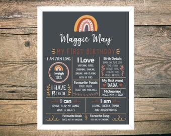 First Birthday Chalkboard - Poster - Sign - Milestone Board - Digital/Printable - Rainbow - Rust - Neutral - Earthy Colours - Rainbow Baby