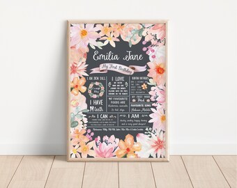 First Birthday Chalkboard - Poster - Sign - Milestone Board - Floral - Wildflowers - Flowers (digital files only - printable item)