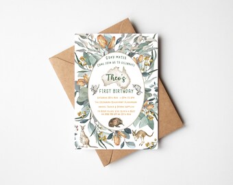 First Birthday Party Invitation - Australian Theme - Kangaroo - Eucalyptus Wattle (digital file only - printable item)