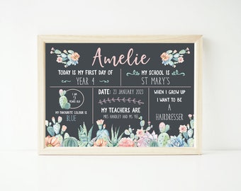 First Day of School Kindergarten Daycare Sign - Poster Chalkboard Cactus Mint Florals Flowers (digital files only - printable item)