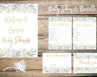 Baby Shower Bundle - Floral Protea - Leafy - White - Green - Gold - Neutral - Baby Shower Games Bundle Package - Digital / Printable
