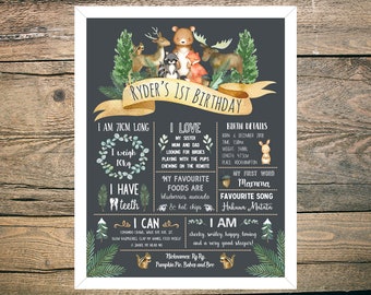 First Birthday Chalkboard - Poster - Sign - Milestone Board - Digital/Printable - Woodland Animals - Forest Animals - Creatures - Fox - Bear