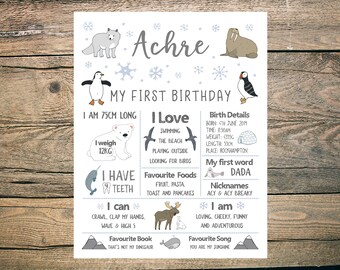 First Birthday Poster - Chalkboard - Sign - Milestone Board - Digital/Printable - Arctic Animals - Penguin - Snowflake - Walrus - Antarctic