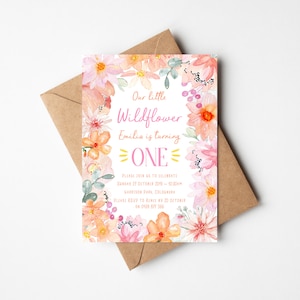 First Birthday Party Invitation - Girl - Watercolour - Wildflower - Floral - Flowers - Orange - Pink (digital file only - printable item)