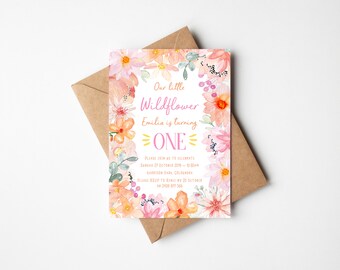 First Birthday Party Invitation - Girl - Watercolour - Wildflower - Floral - Flowers - Orange - Pink (digital file only - printable item)