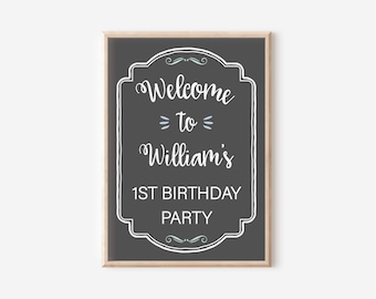Simple Birthday Party Welcome Sign - Green Blue Teal Mint Chalkboard White Twirls Swirls (digital file only - printable item)