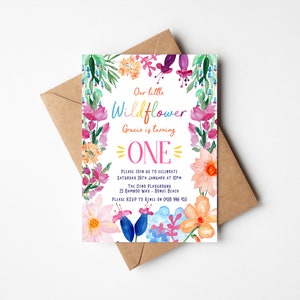 First Birthday Party Invitation Girl Wildflower Floral Flowers Bright Colourful theme digital file only printable item image 2