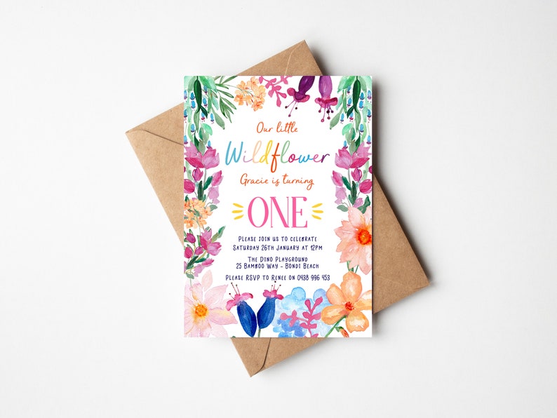 First Birthday Party Invitation Girl Wildflower Floral Flowers Bright Colourful theme digital file only printable item image 2