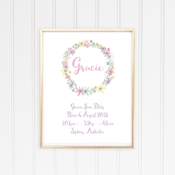 Avis de naissance - Affiche de détails de naissance - Numérique/Imprimable - Fleurs - Fleurs pastel - Pourpre - Rose - Couronne Florale