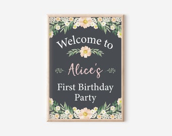 Floral Themed Birthday Party Welcome Sign - Flowers - Leafy - Pastel Pink Blush Cream Watercolour (digital file only - printable item)