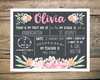 First Day of School Kindergarten Daycare Sign - Poster - Chalkboard - Digital/Printable - Orange Pink Peach Floral Watercolour
