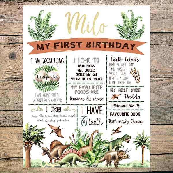 First Birthday Poster - Chalkboard - Sign - Milestone Board - Digital/Printable - Dinosaur - Leafy - Ferns - T Rex - Prehistoric