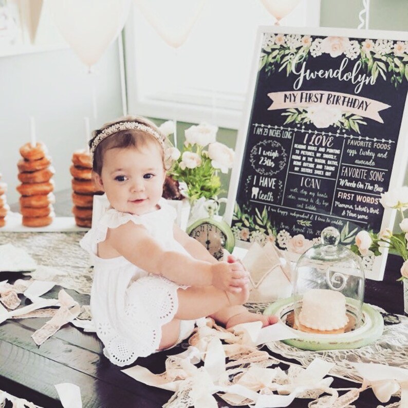 Chalkboard First Birthday Poster Pastel Blush White Pink Green Peach floral watercolour Milestone Board DigitalPrintable Sign