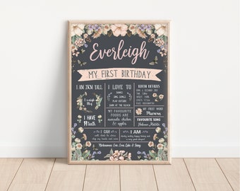 First Birthday Chalkboard - Poster - Sign - Milestone Board - Muted Pastel Florals - Wildflowers (digital files only - printable item)