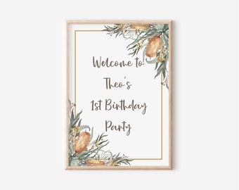 Australian Themed Birthday Party Welcome Sign - Floral - Leafy - Eucalyptus - Wattle (digital file only - printable item)