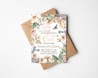 First Birthday Party Invitation - Girl - Muted Pastel Wildflowers - Cream Blush Peach Pink Florals (digital file only - printable item)