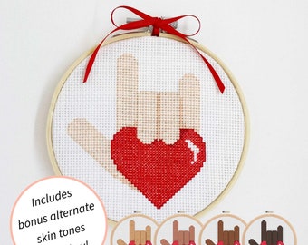 Love ASL Cross Stitch Pattern: Sign of Love, with alternate skintones (Digital PDF Download)